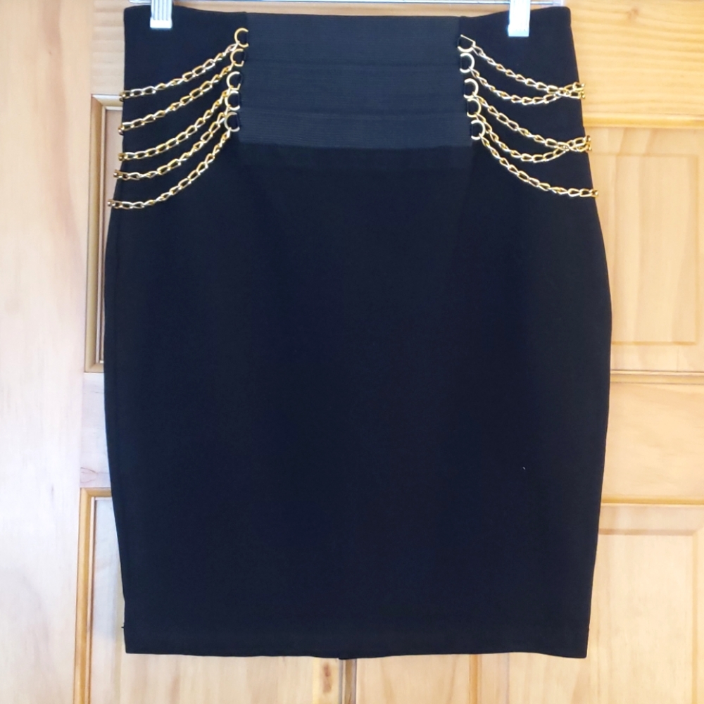Saphire Red black pencil skirt with removable gold chains